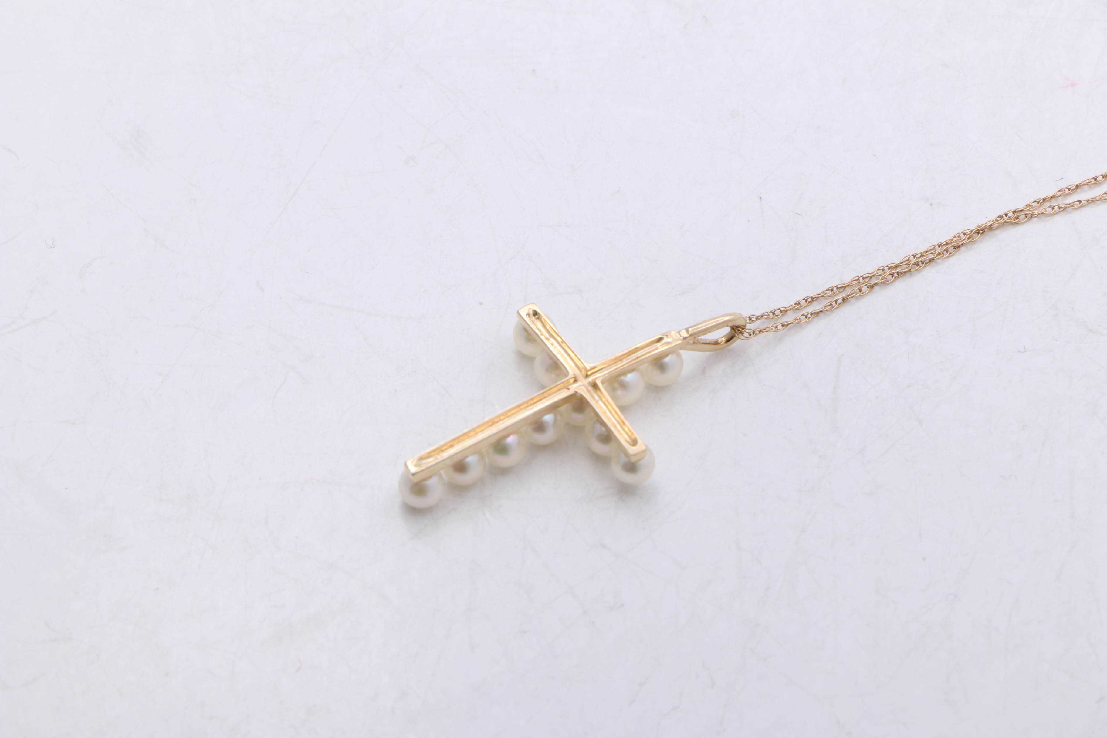 14K Yellow Gold Cultured Pearl Cross Necklace