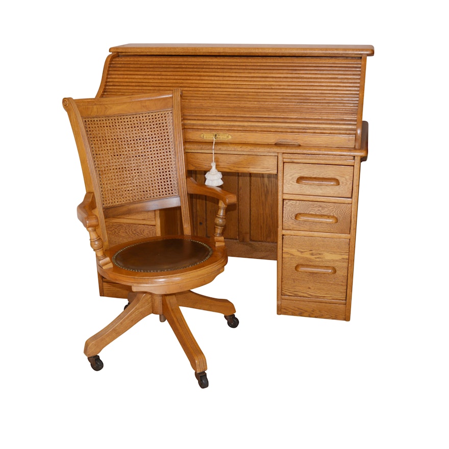 Roll Top Oak Desk by J. Dornette & Brothers with Desk Chair, Early 20th Century