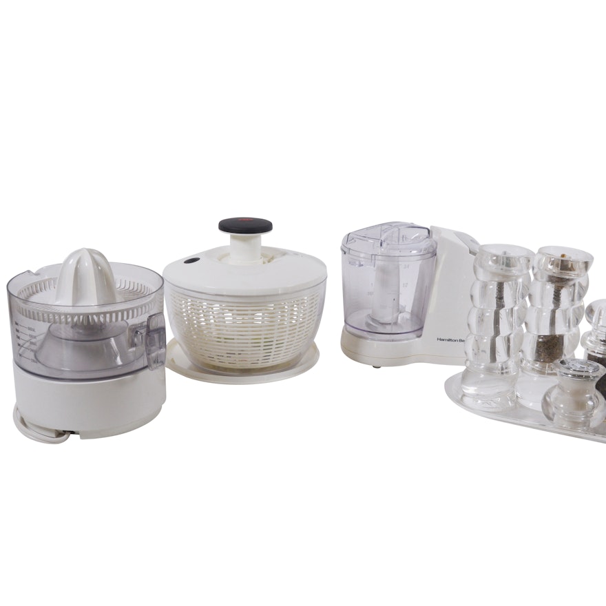 Small Kitchen Appliances Including Salad Spinner and Juicer