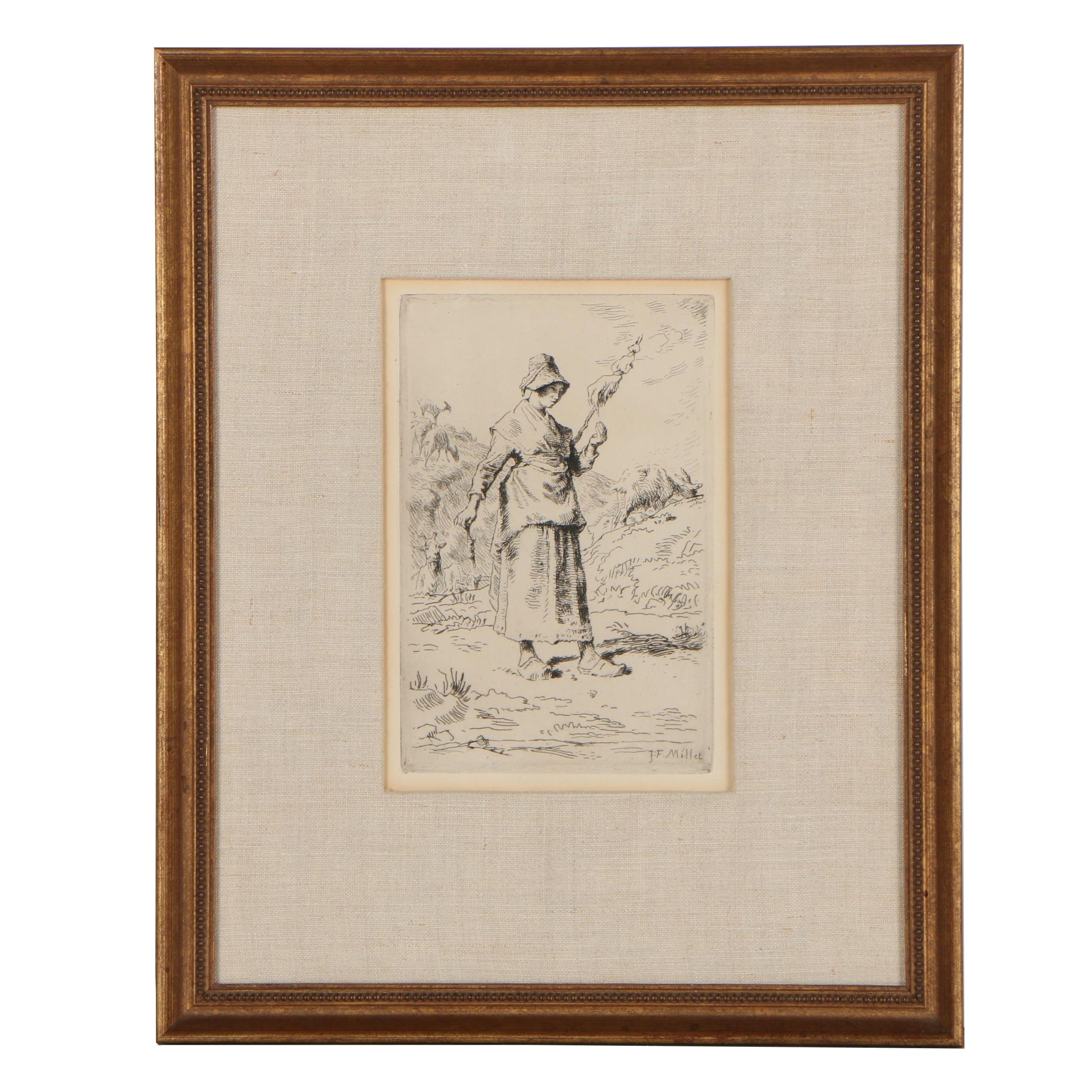 Jean François Millet 1868 Etching "Auvergnat Goatherd Spinning"