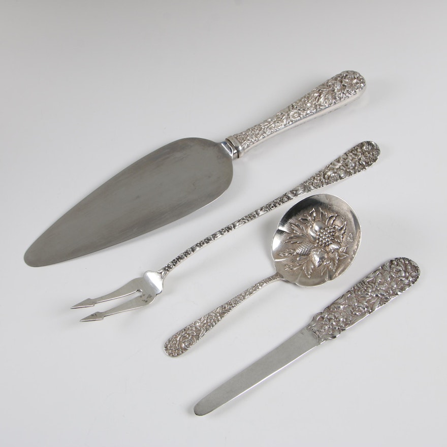 Stieff "Repoussé" Cake Server, Bon Bon Spoon, Pickle Fork, and Letter Opener