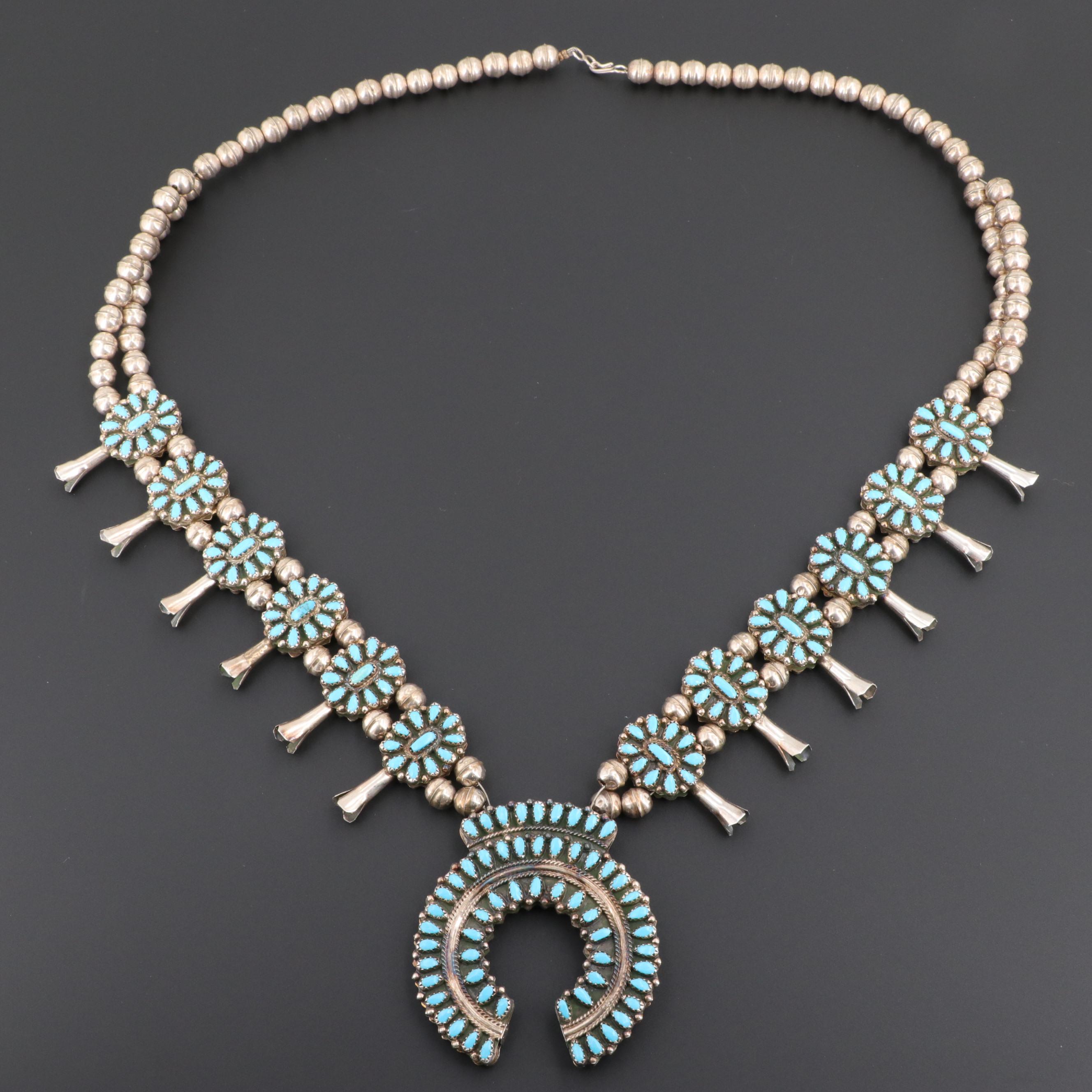 Ben James Navajo Diné Sterling Silver Turquoise and Coral Necklace