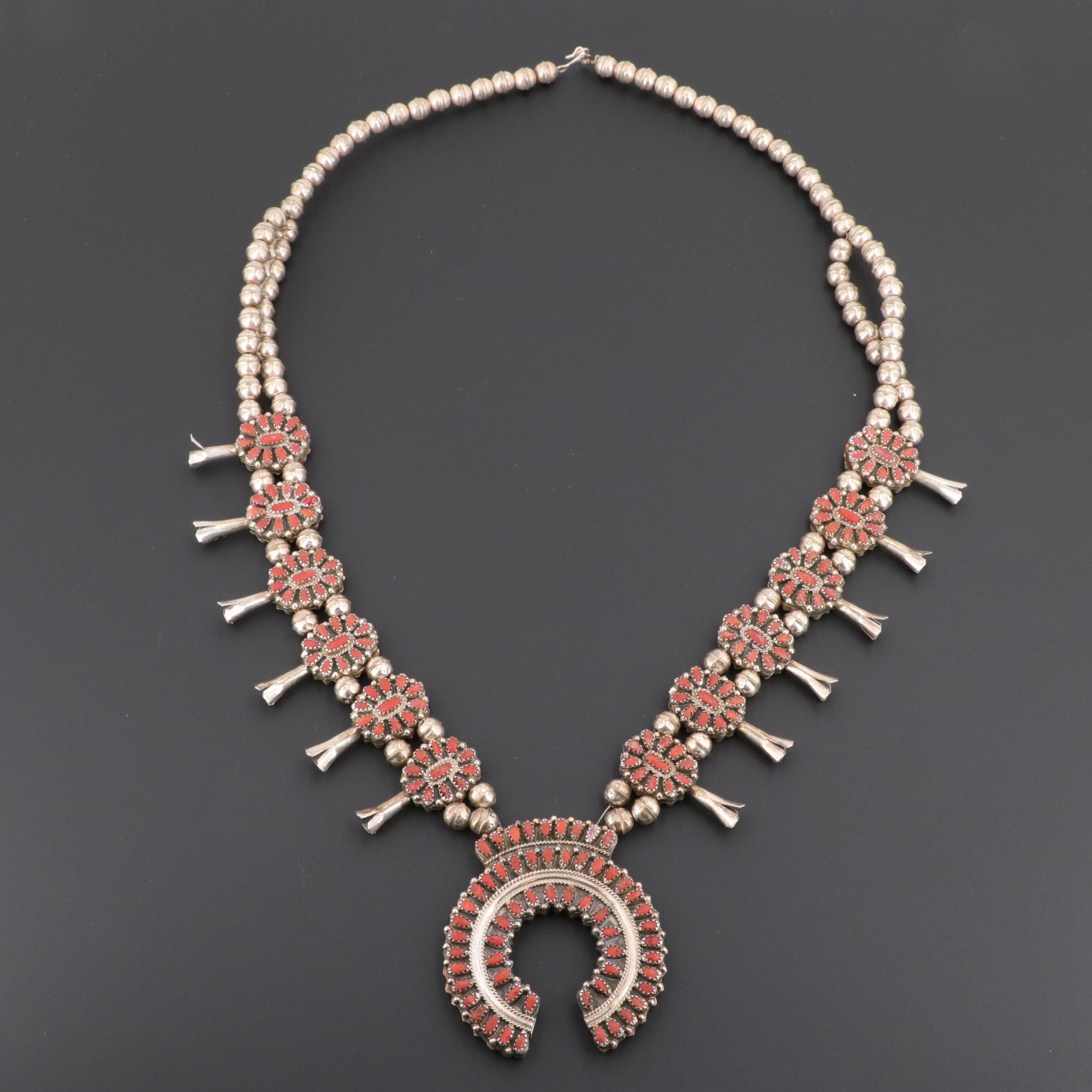 Ben James Navajo Diné Sterling Silver Turquoise and Coral Necklace