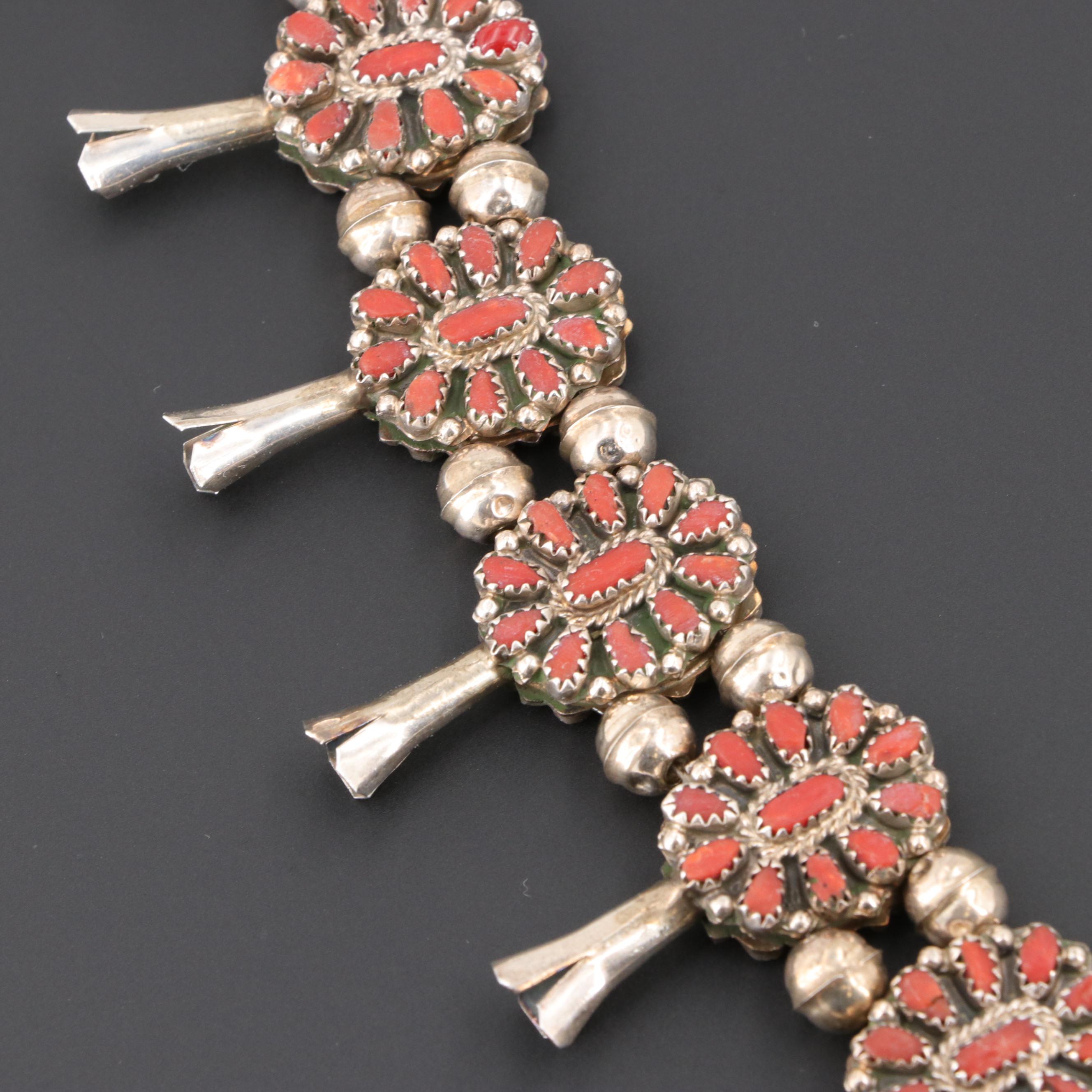 Ben James Navajo Diné Sterling Silver Turquoise and Coral Necklace