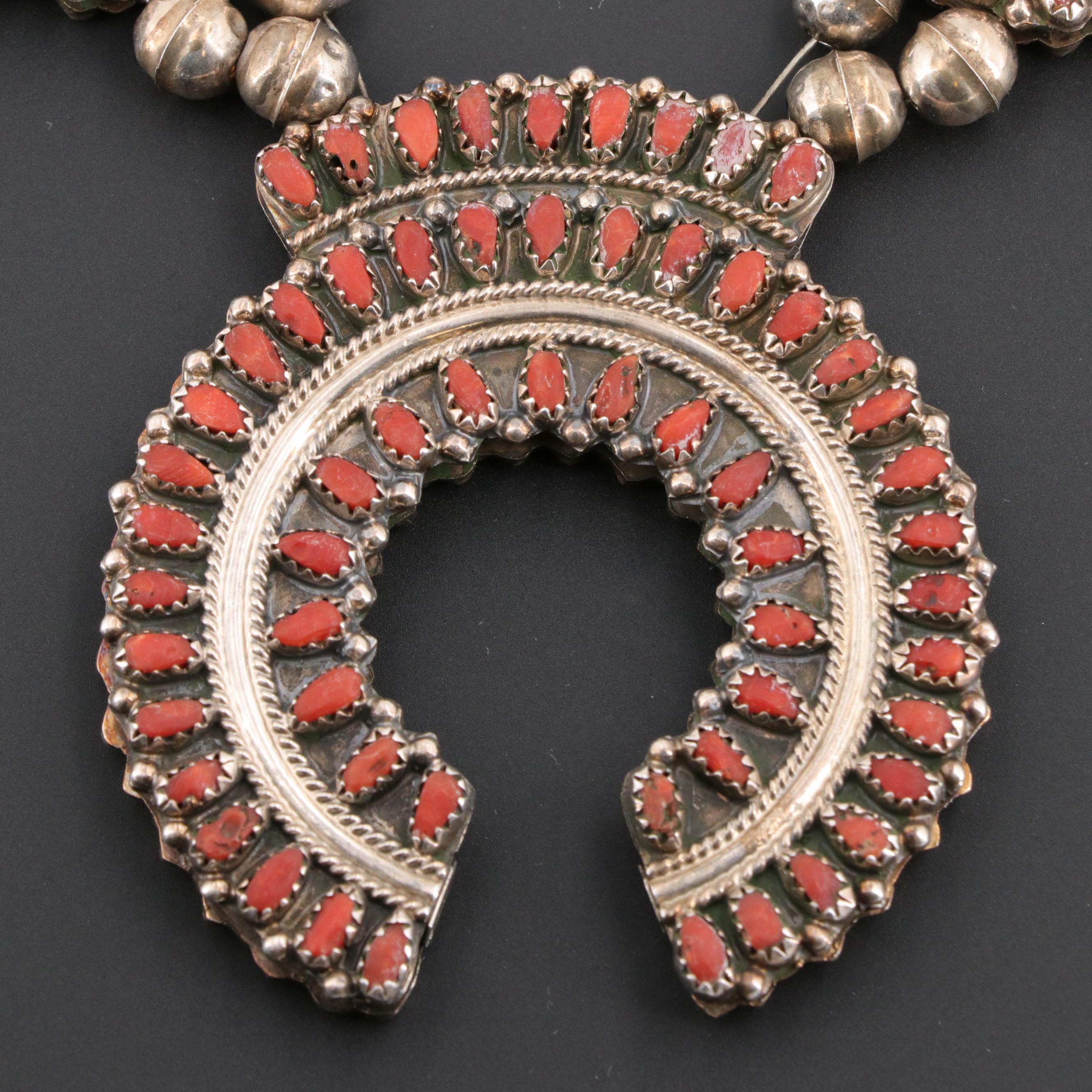 Ben James Navajo Diné Sterling Silver Turquoise and Coral Necklace