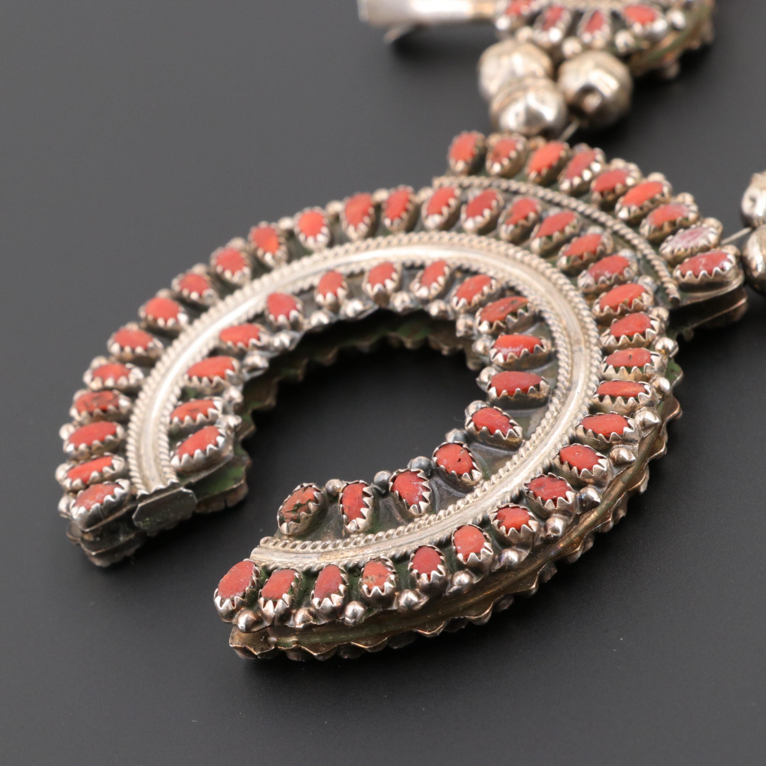 Ben James Navajo Diné Sterling Silver Turquoise and Coral Necklace