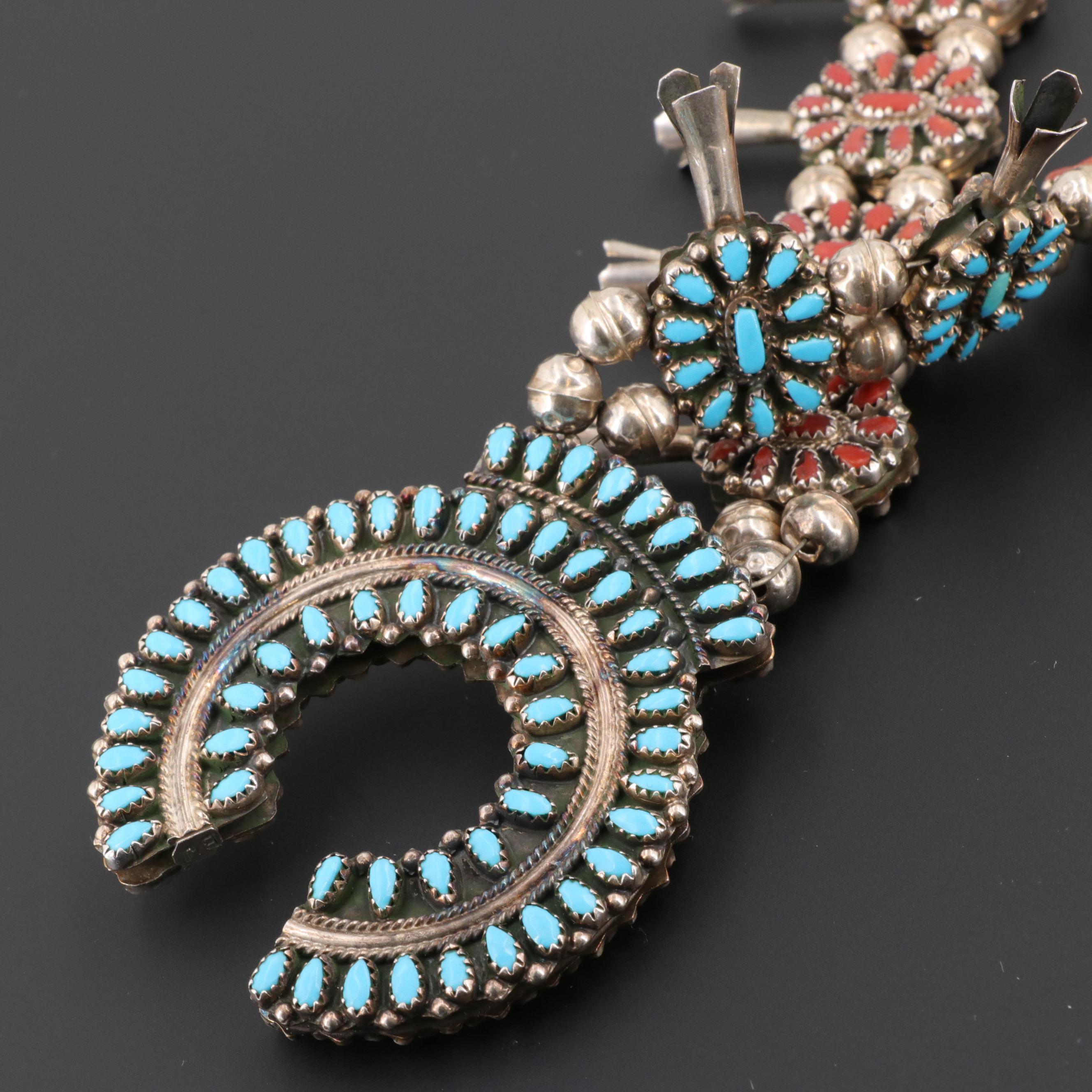 Ben James Navajo Diné Sterling Silver Turquoise and Coral Necklace