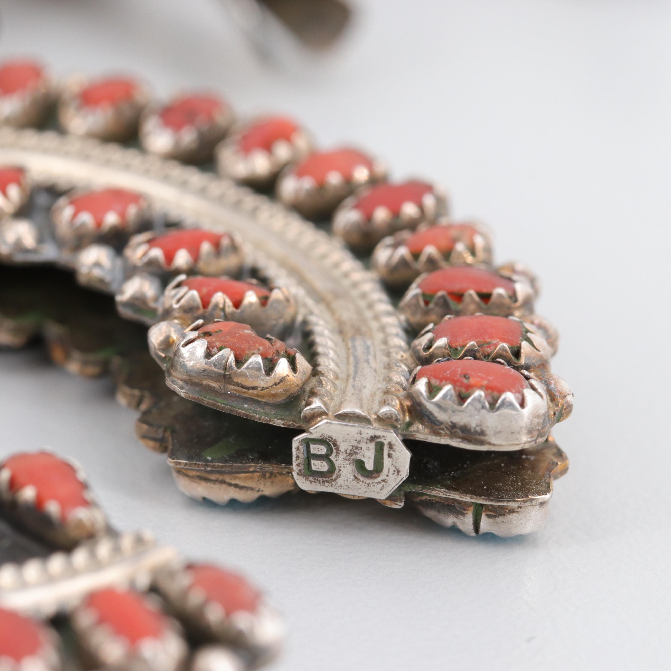 Ben James Navajo Diné Sterling Silver Turquoise and Coral Necklace