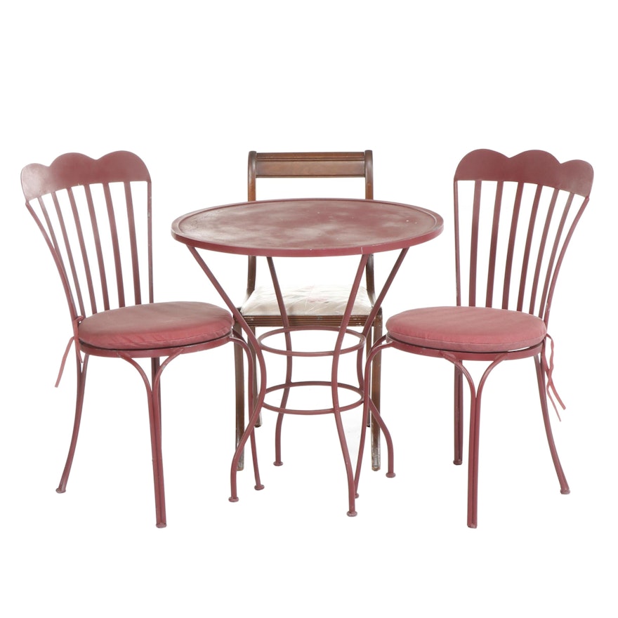 Red Wrought Iron Patio Table and Pair of Matching Chairs