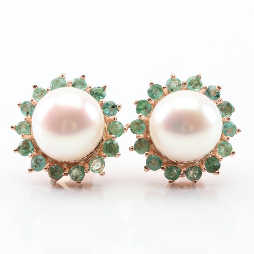 Sterling Silver Freshwater Pearl and Emerald Earrings with Rose Gold Wash