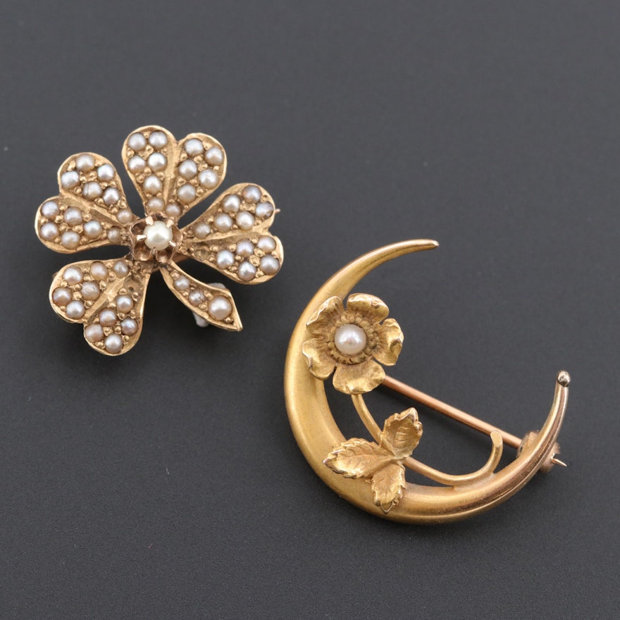 Victorian 14K Yellow Gold Cultured Pearl Honeymoon and Clover Brooches