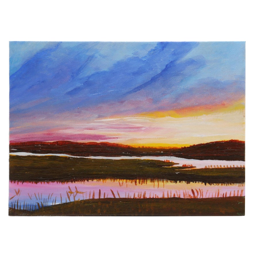 Elena Pronina Acrylic Painting of Landscape at Sunset