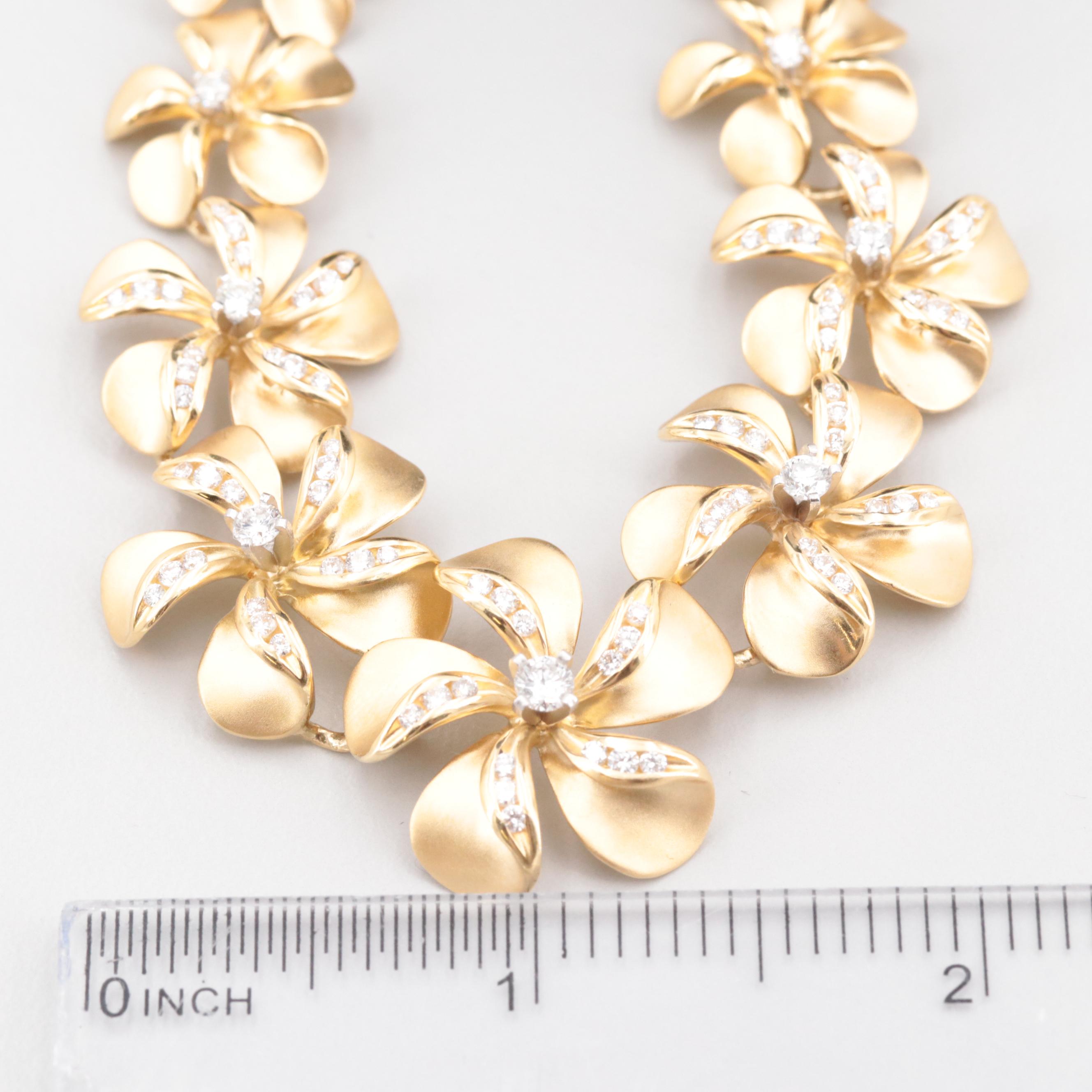 Na Hoku 18K Yellow Gold 2.71 CTW Plumeria Flower Necklace with Platinum Settings