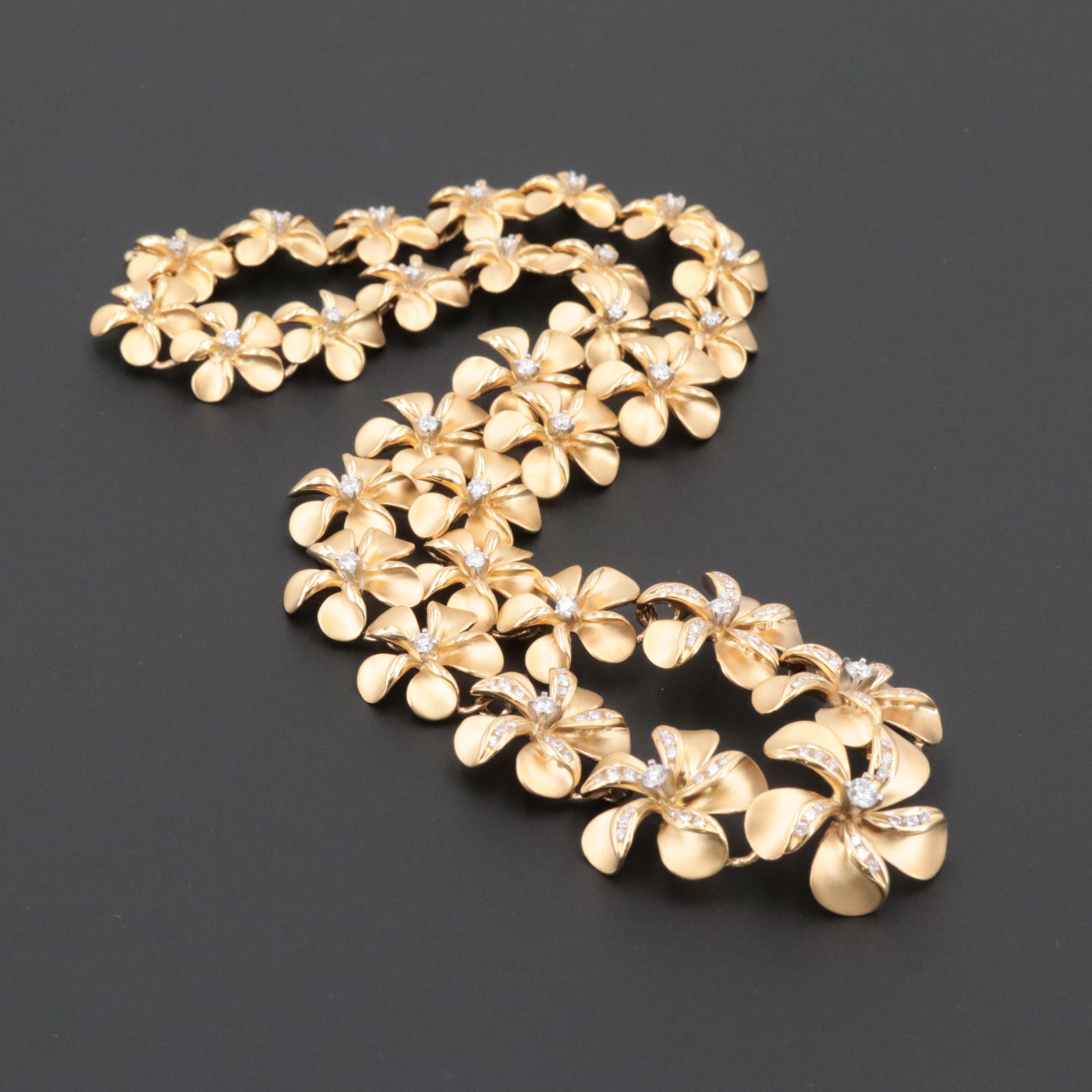 Na Hoku 18K Yellow Gold 2.71 CTW Plumeria Flower Necklace with Platinum Settings