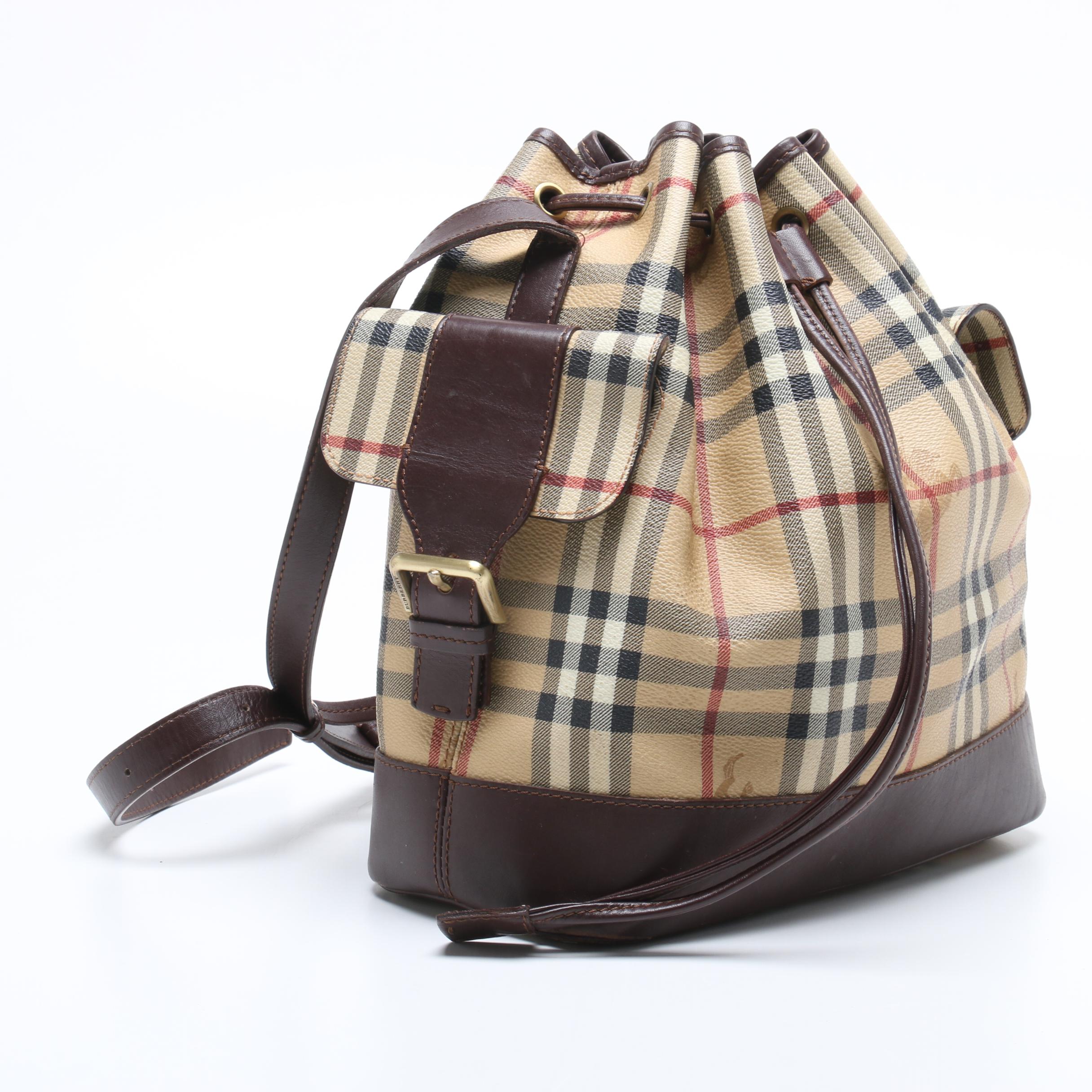 Burberry "Haymarket Check" Coated Canvas and Leather Bucket Bag
