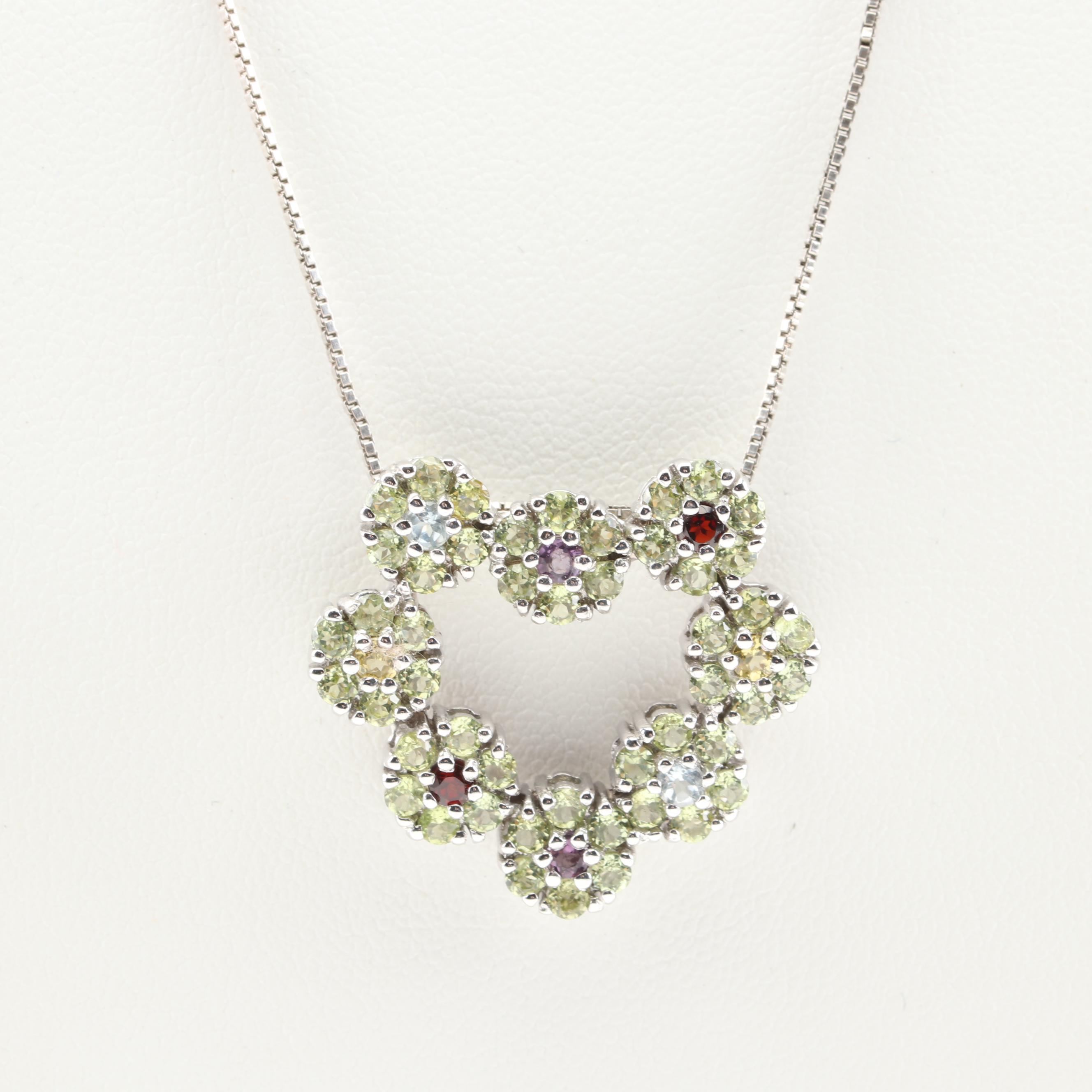Sterling Silver Peridot and Multi-Gemstone Flower Necklace