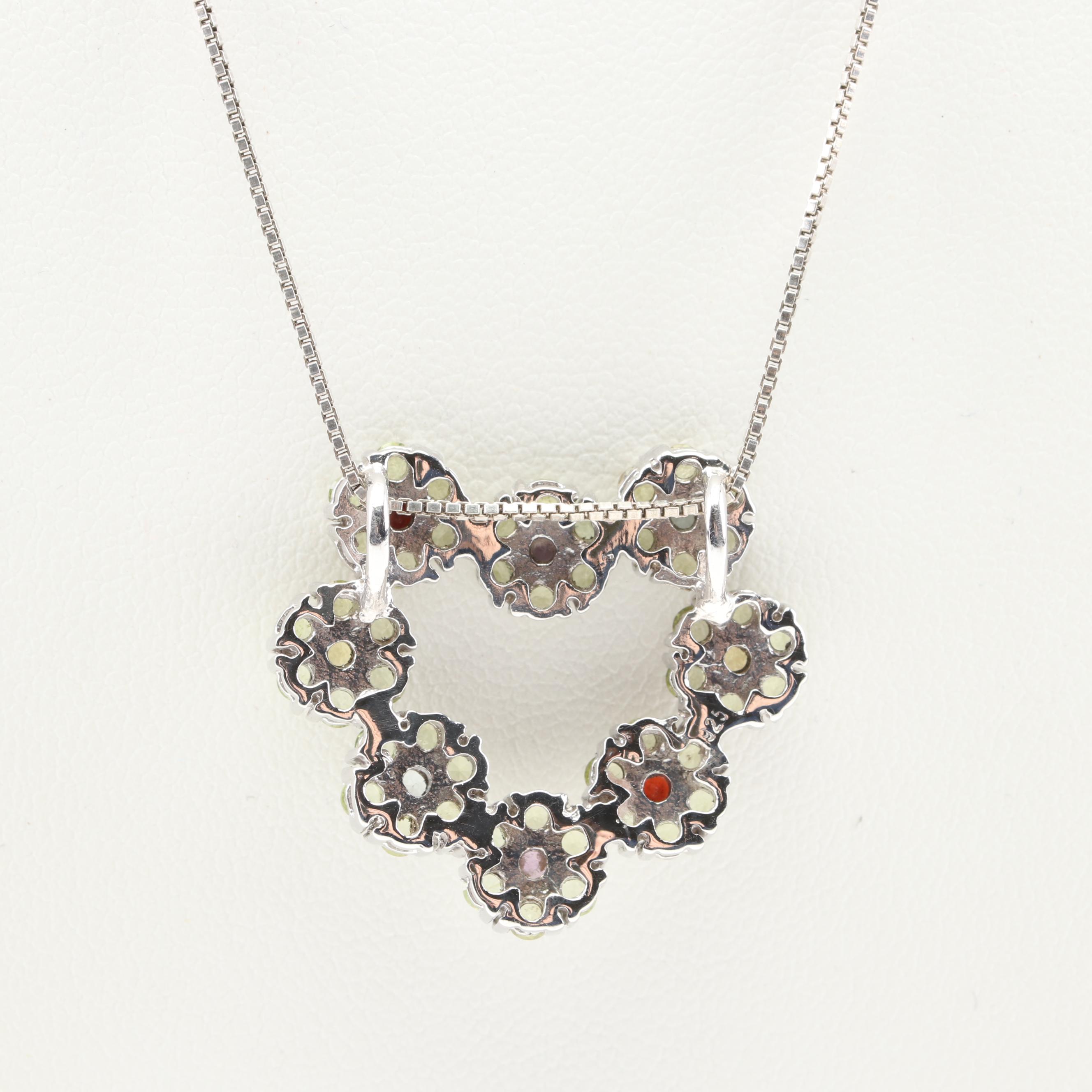 Sterling Silver Peridot and Multi-Gemstone Flower Necklace