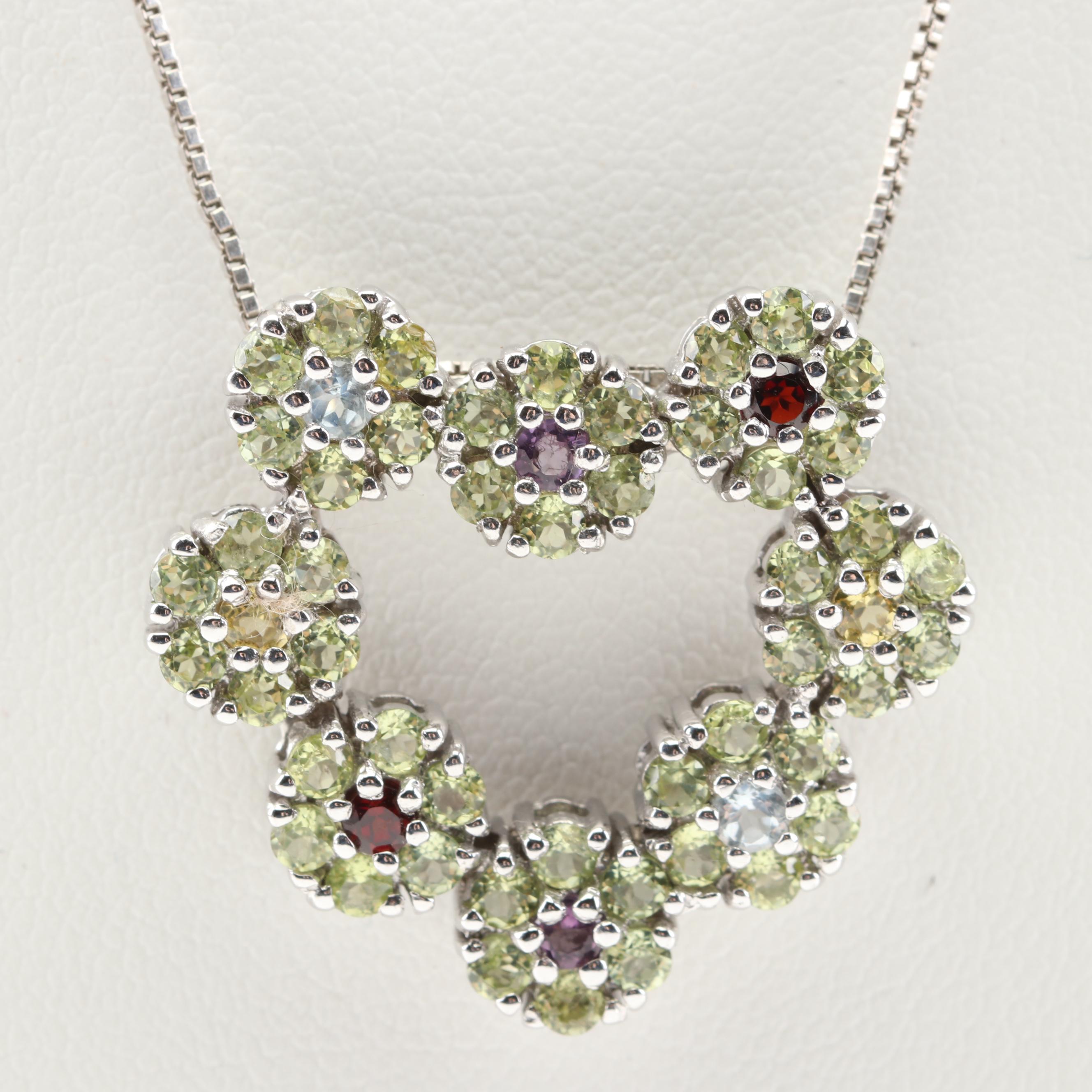 Sterling Silver Peridot and Multi-Gemstone Flower Necklace