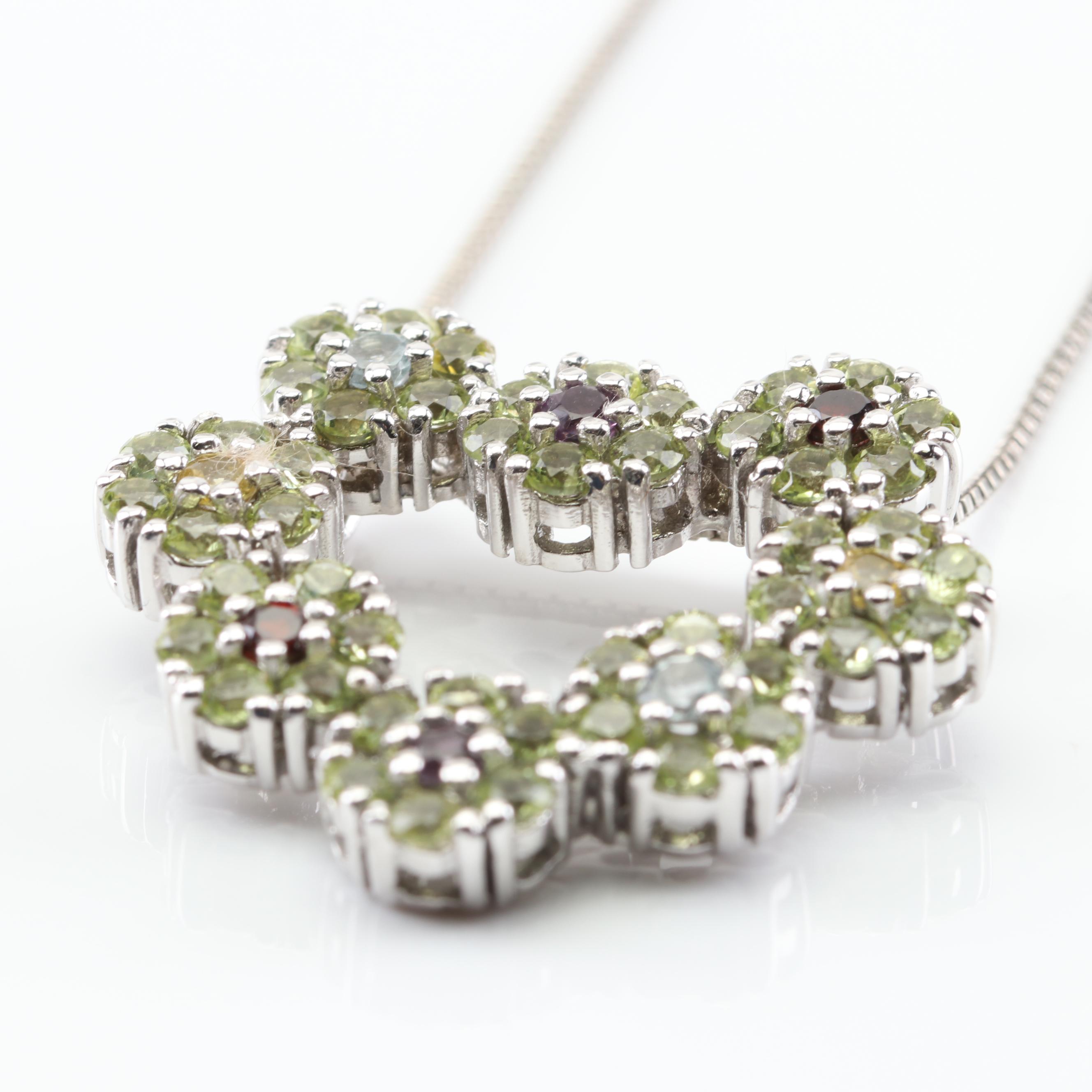 Sterling Silver Peridot and Multi-Gemstone Flower Necklace