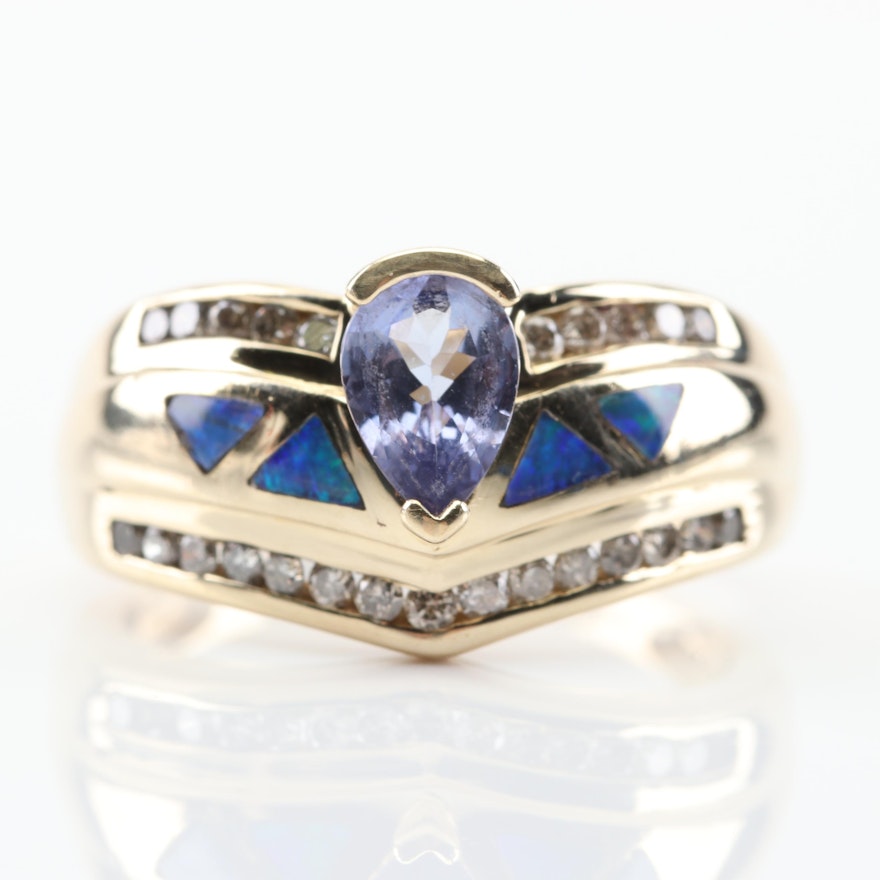 14K Yellow Gold Tanzanite, Diamond and Opal Doublet Inlay Ring