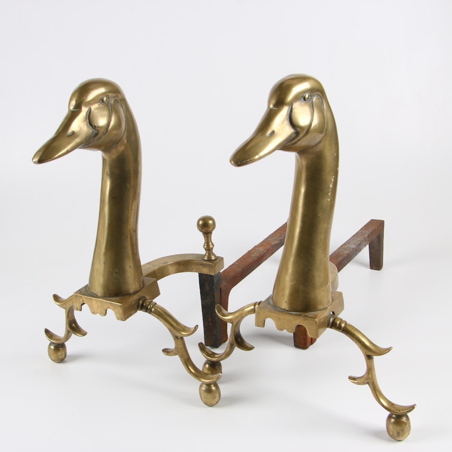 Brass Goose Andirons with Spurred Legs, Early 20th Century