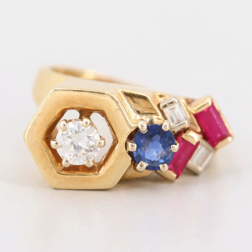 14K Yellow Gold Diamond, Sapphire, and Synthetic Ruby Ring