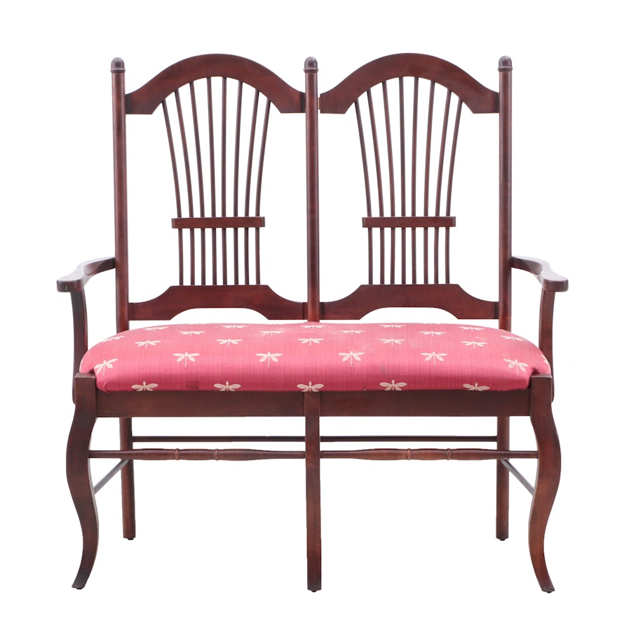 French Country Style Walnut Finish Spindle Back Upholstered Settee