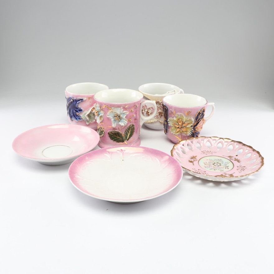 Victorian Mustache Cup with German Pink Lustreware Cups and Saucers