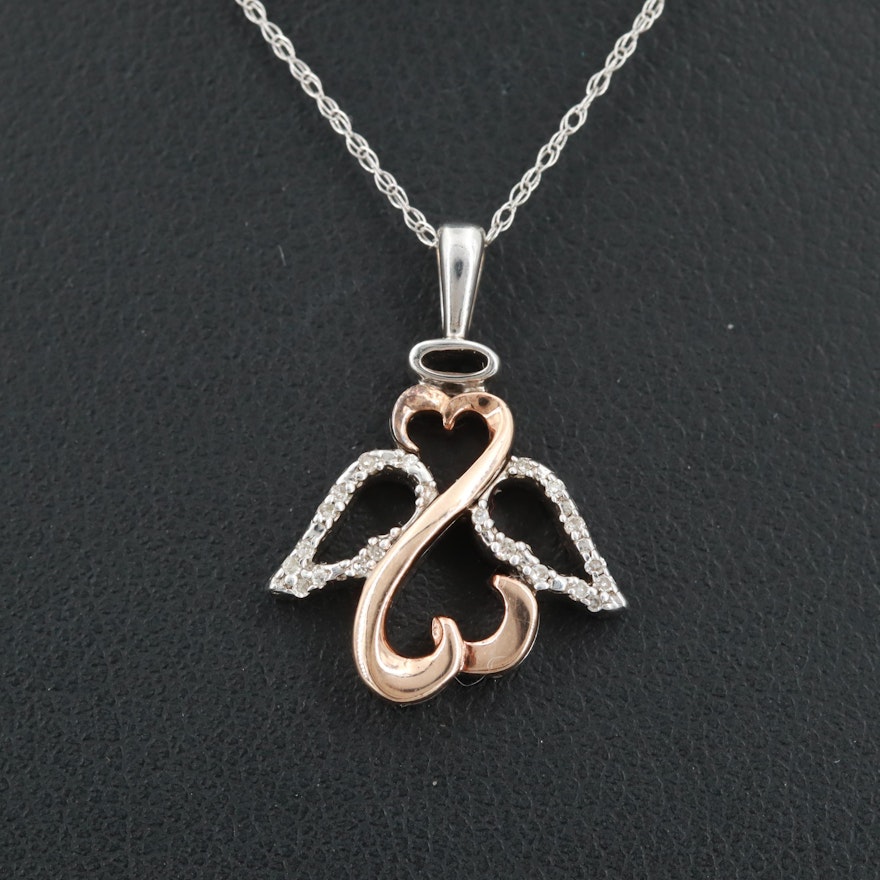 Jane Seymour Sterling Silver Open Heart Diamond Pendant on 14K White Gold Chain