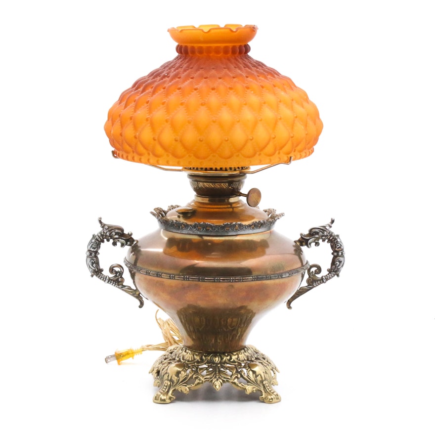 Converted Brass and Silver Plate Table Lamp with Quilted Amber Glass Shade