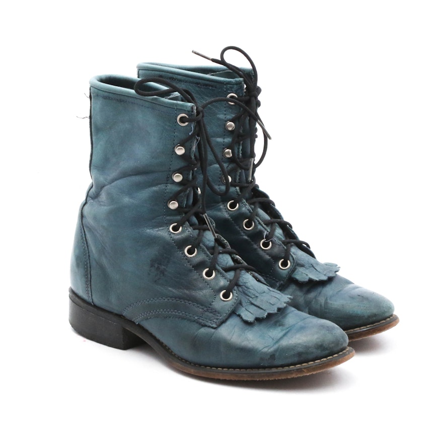 Women's Blue Leather Lace-Up Kiltie Boots