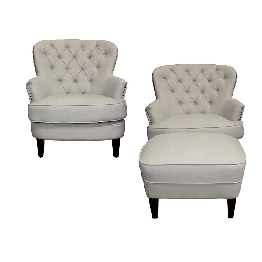 Noble House Home Tufted Armchairs and Ottoman, Contemporary