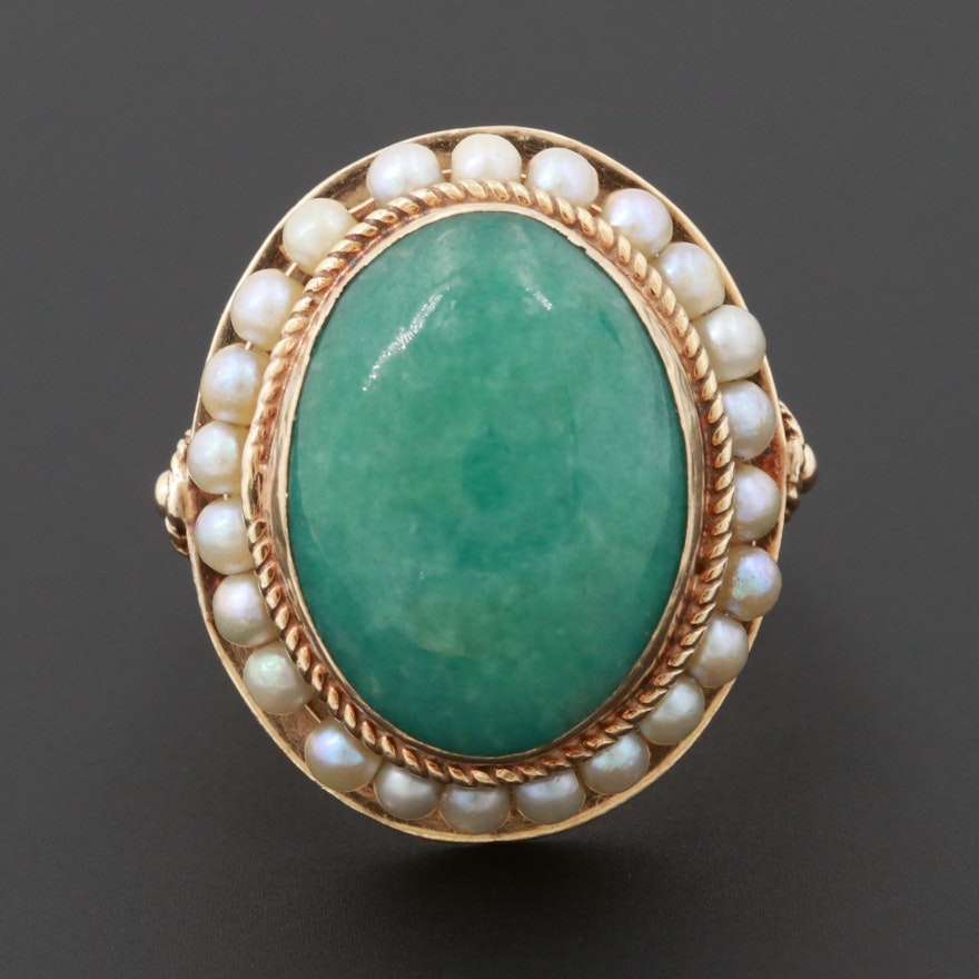 Early 1900s 14K Yellow Gold Jadeite and Cultured Pearl Ring