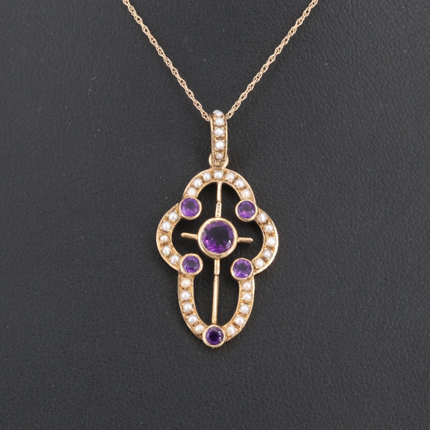 Circa 1910 14K Yellow Gold Amethyst and Seed Pearl Pendant