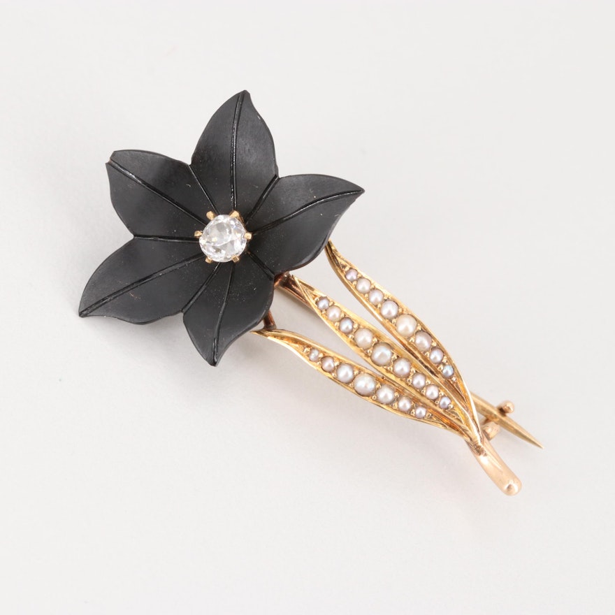 Late Victorian 14K Yellow Gold Diamond, Black Onyx and Seed Pearl Brooch