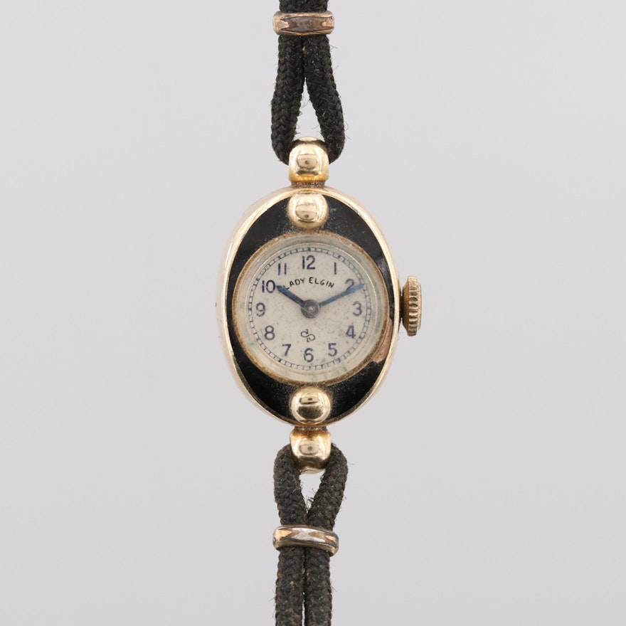 Vintage Lady Elgin 14K Yellow Gold and Black Enamel Stem Wind Wristwatch