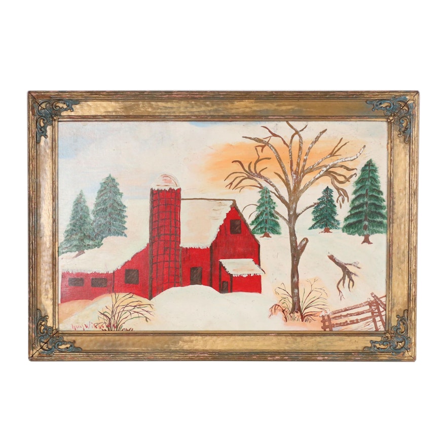 Mid-Late 20th Century Folk Style Oil Painting of a Barn