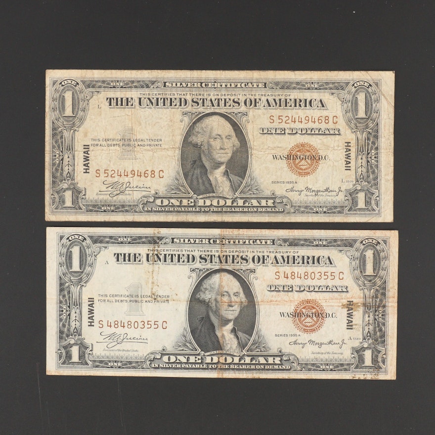 Two 1935 A Brown Seal Hawaii $1 Silver Certificates