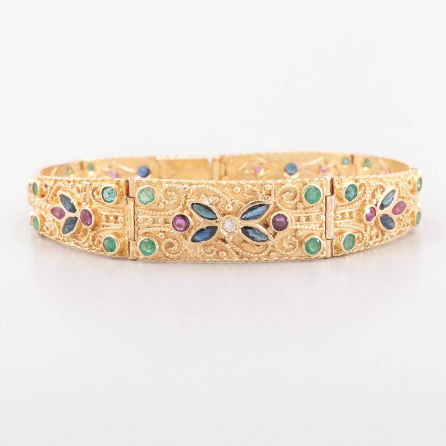 18K Yellow Gold Bracelet with Diamond, Blue Sapphire, Ruby and Emerald Stones