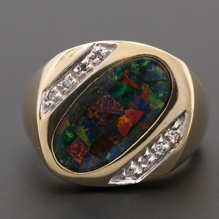 10K Yellow Gold Opal Mosaic Triplet and Diamond Ring