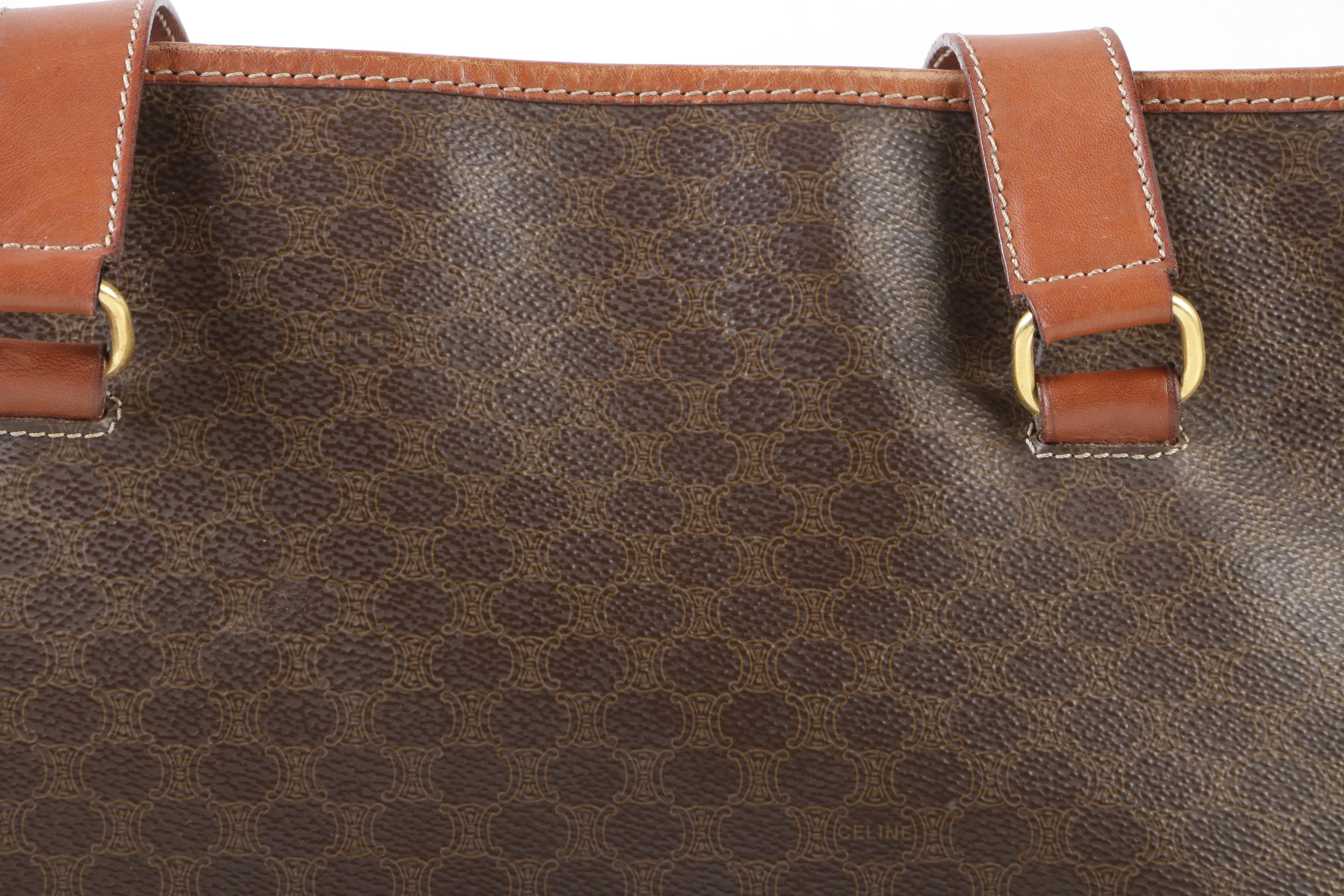 Céline Paris Macadam Canvas and Brown Leather Shoulder Bag Tote