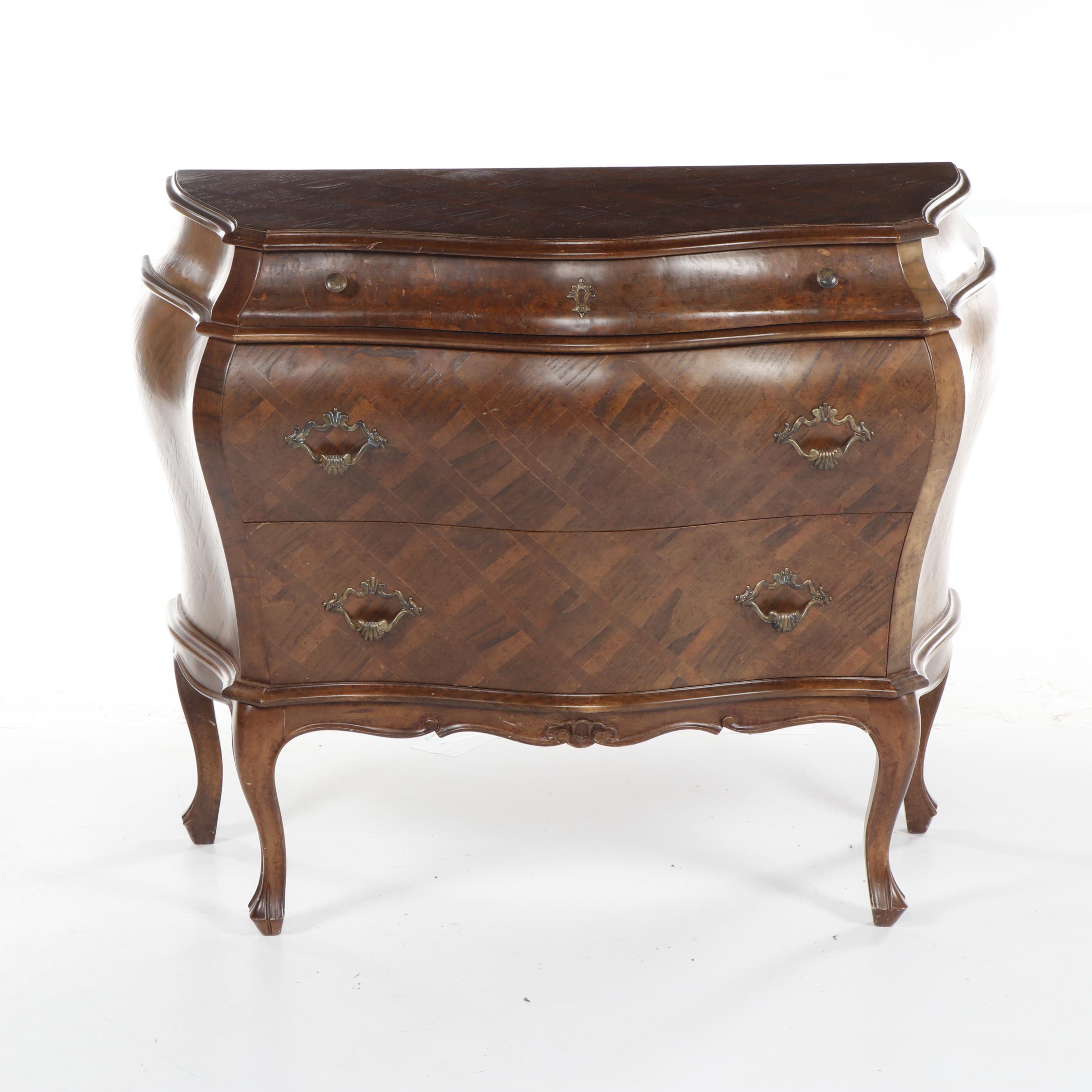 Contemporary Ethan Allen Italian Inlaid Burl Wood and Walnut Bombe Chest
