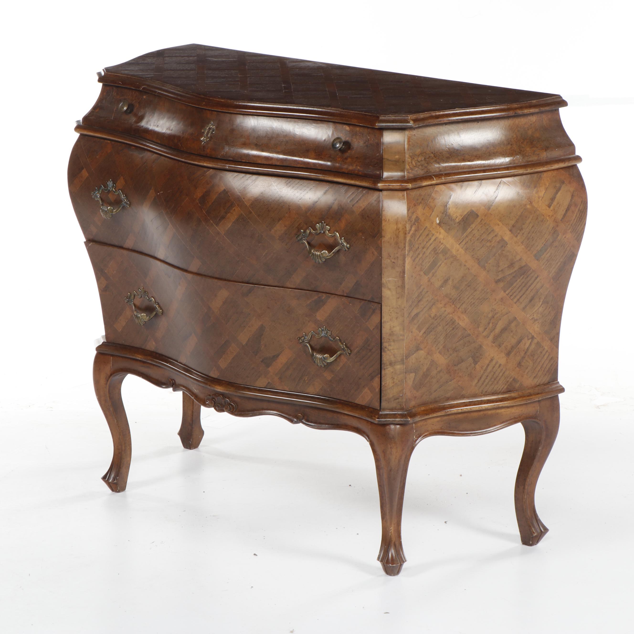 Contemporary Ethan Allen Italian Inlaid Burl Wood and Walnut Bombe Chest