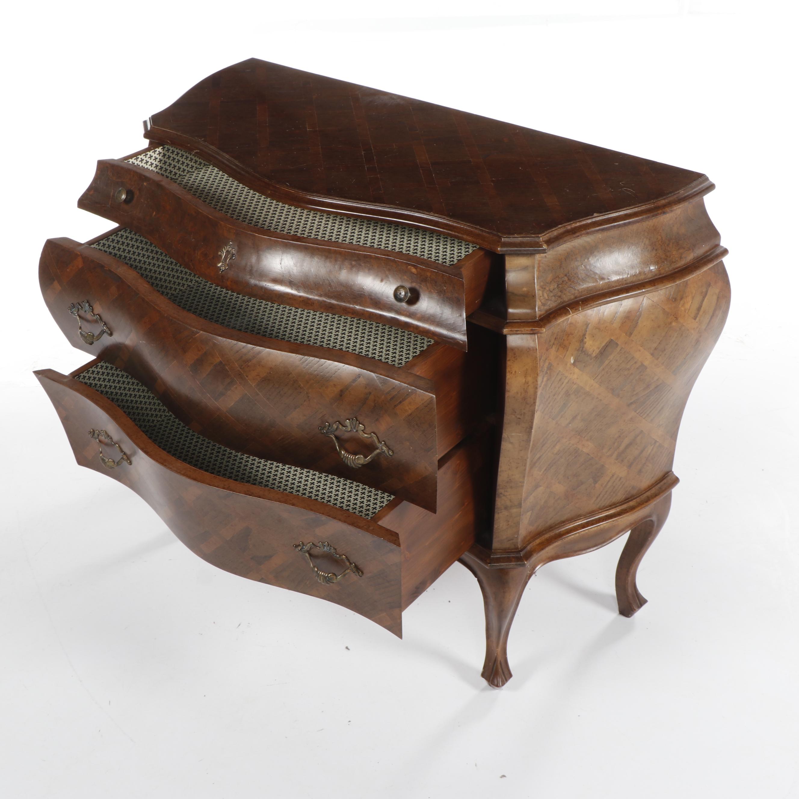 Contemporary Ethan Allen Italian Inlaid Burl Wood and Walnut Bombe Chest