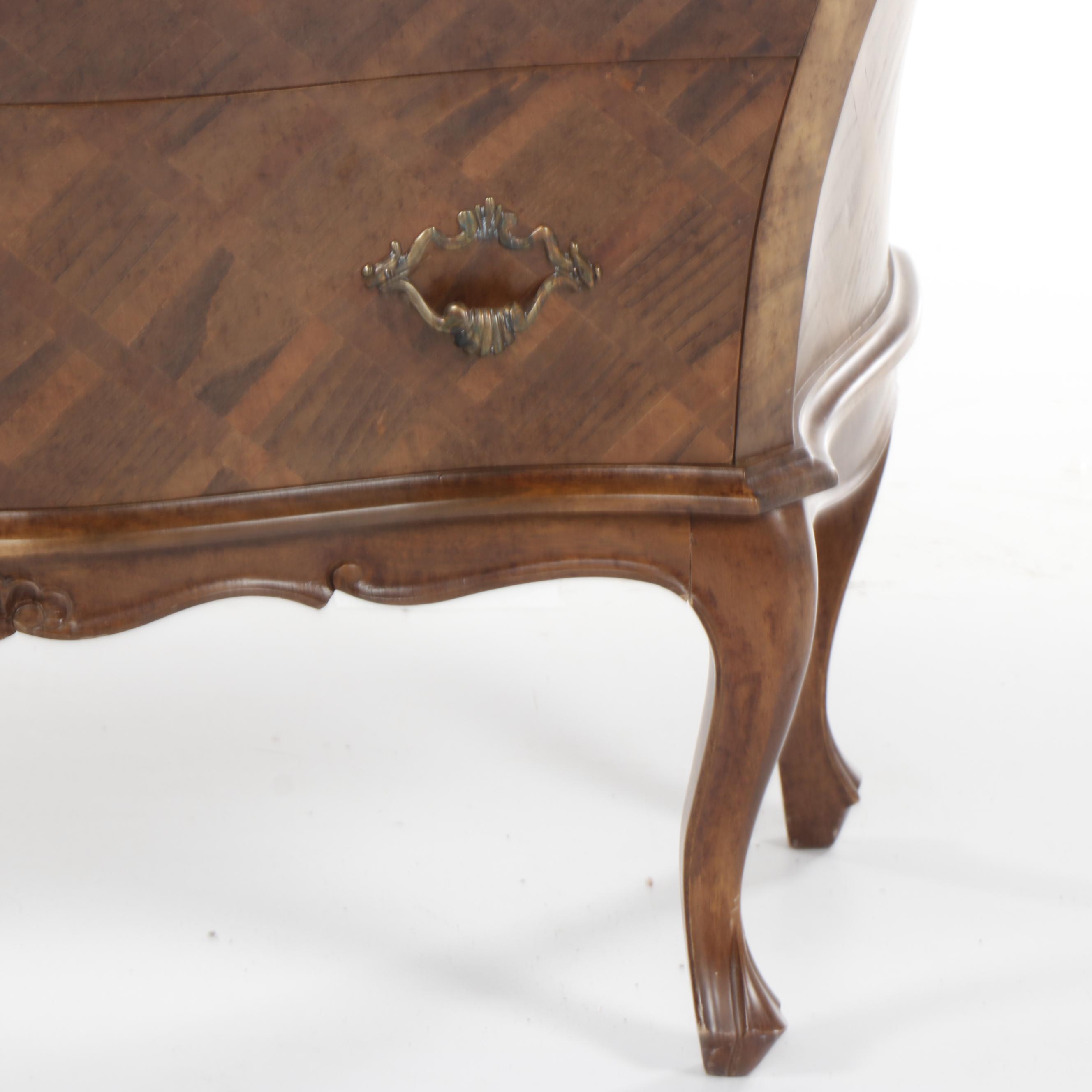 Contemporary Ethan Allen Italian Inlaid Burl Wood and Walnut Bombe Chest