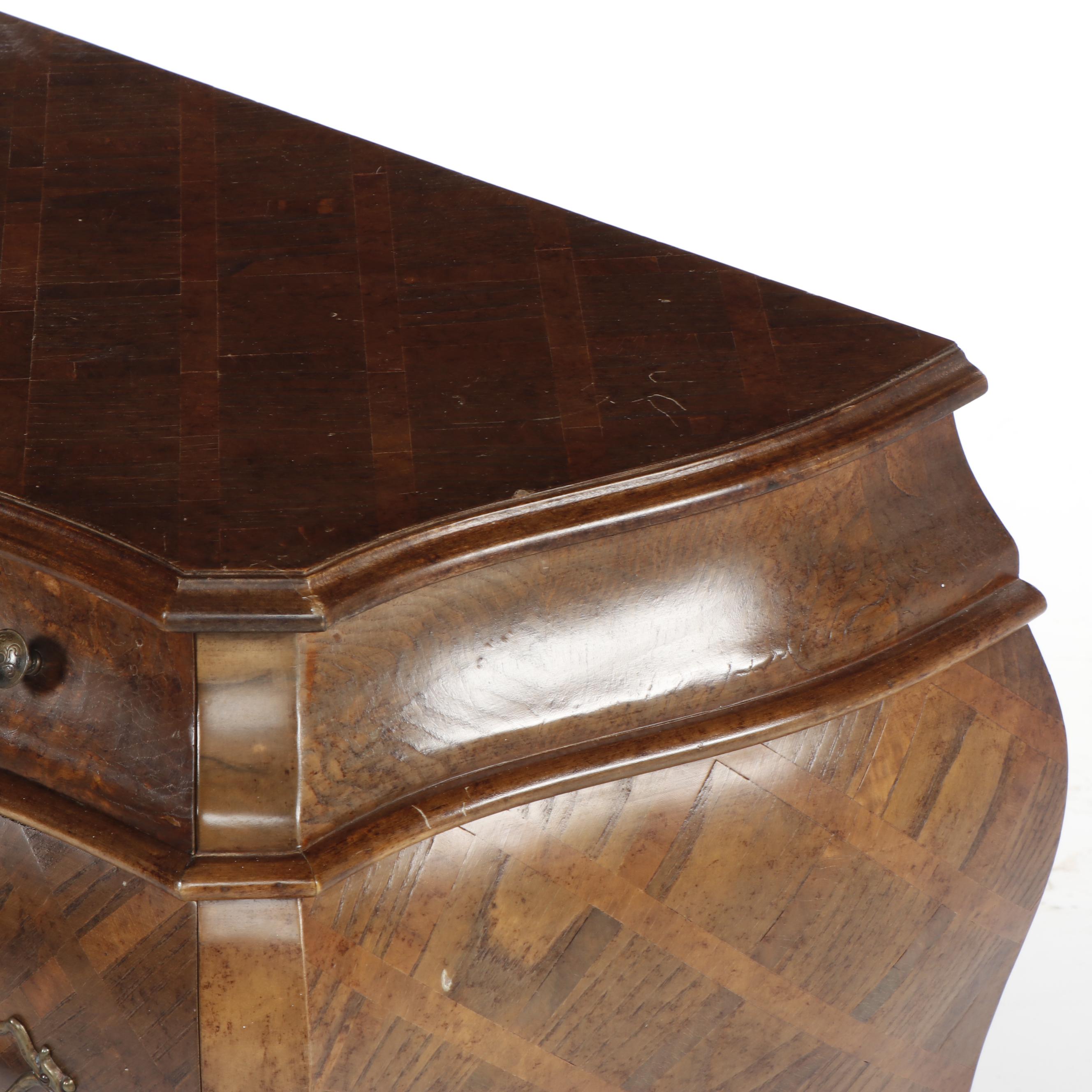 Contemporary Ethan Allen Italian Inlaid Burl Wood and Walnut Bombe Chest