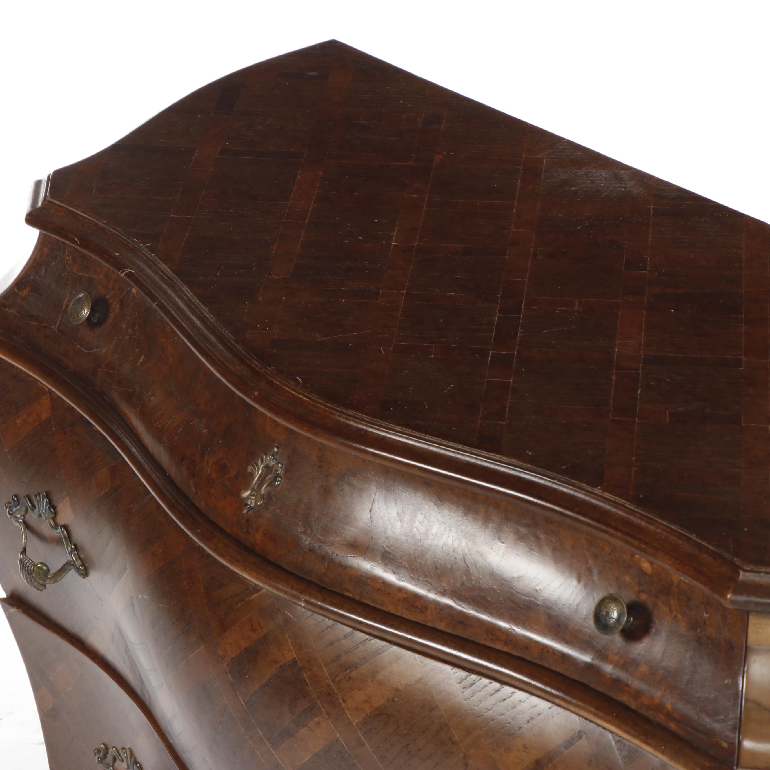 Contemporary Ethan Allen Italian Inlaid Burl Wood and Walnut Bombe Chest