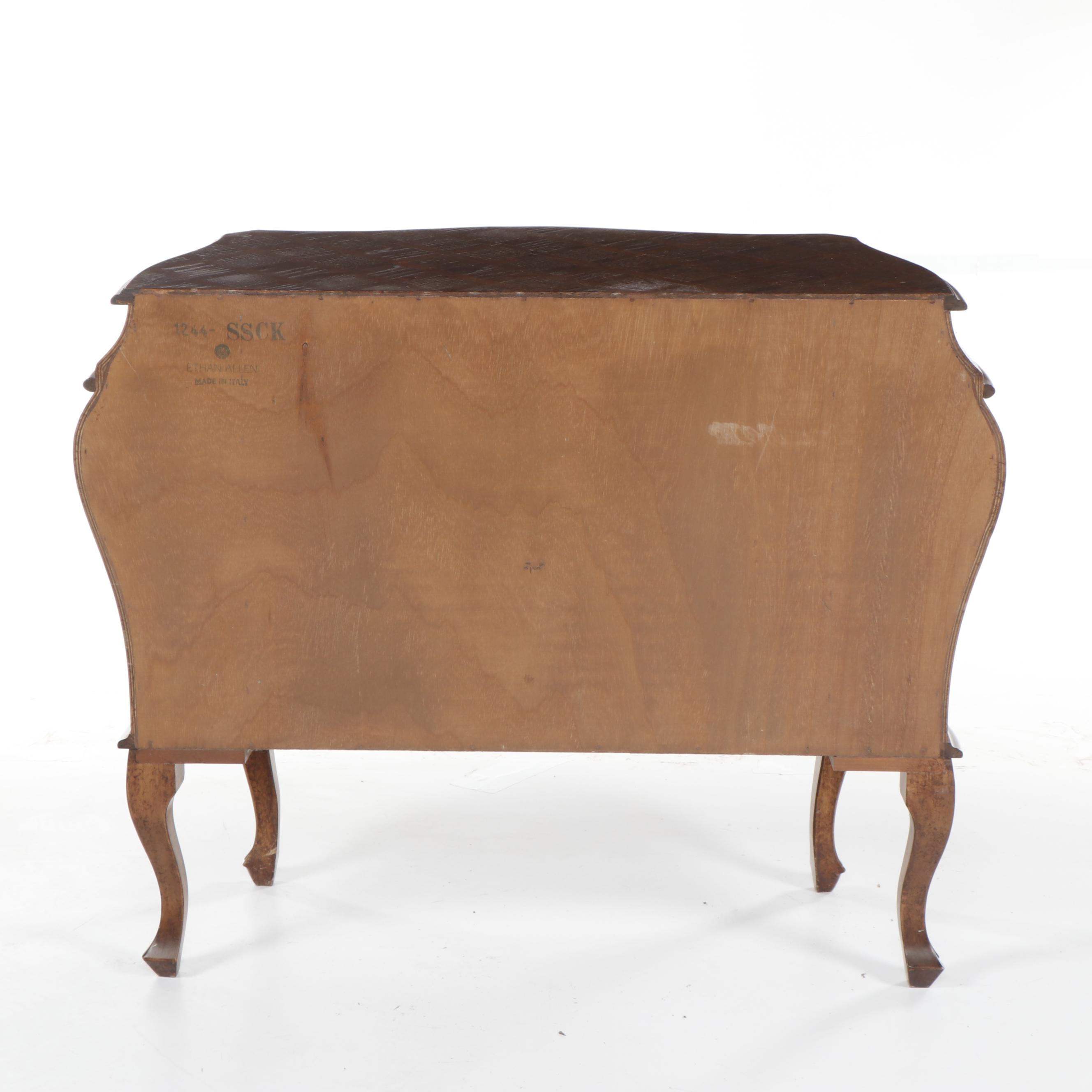 Contemporary Ethan Allen Italian Inlaid Burl Wood and Walnut Bombe Chest