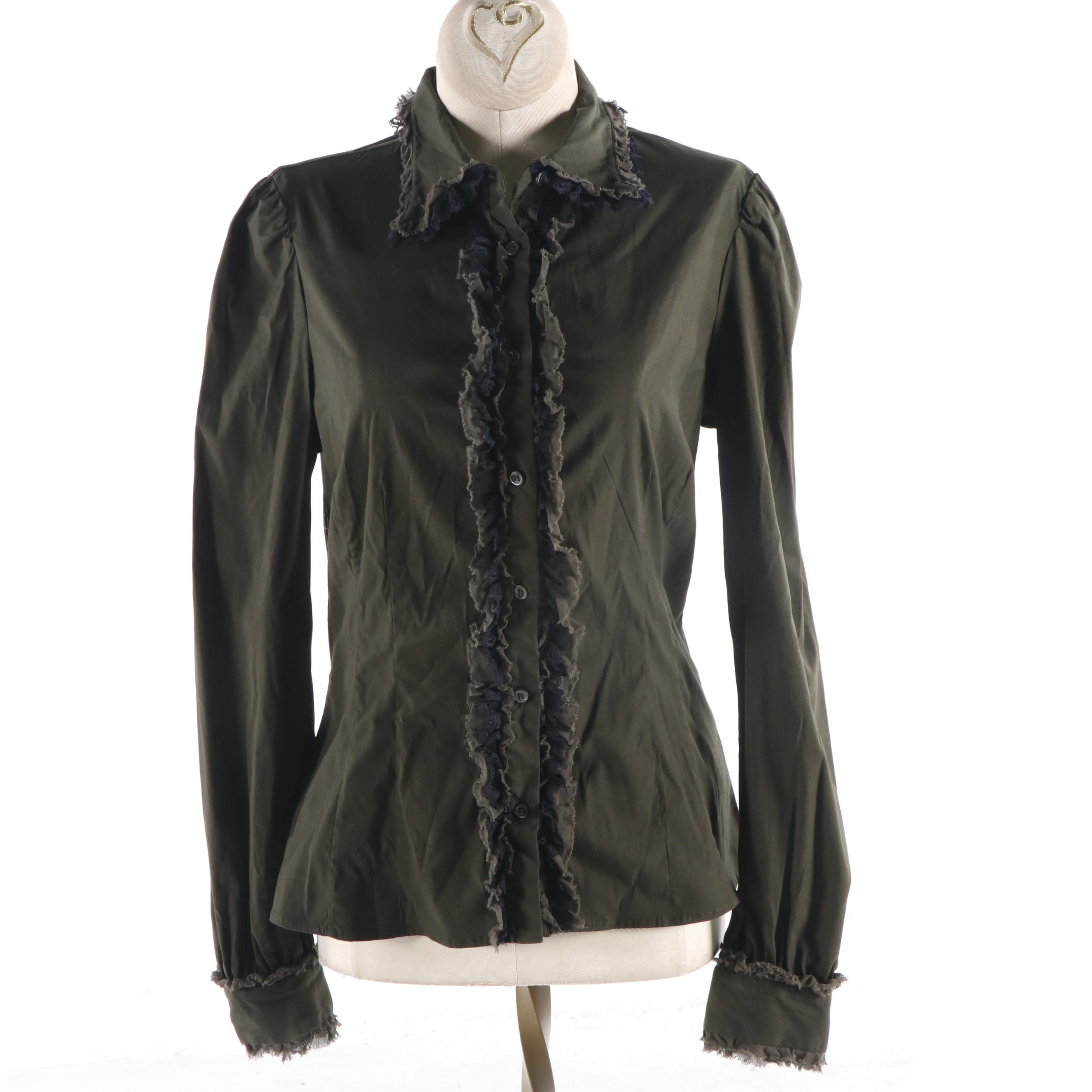 Women's Prada Olive and Black Ruffled Button-Front Blouse and Black Skirt