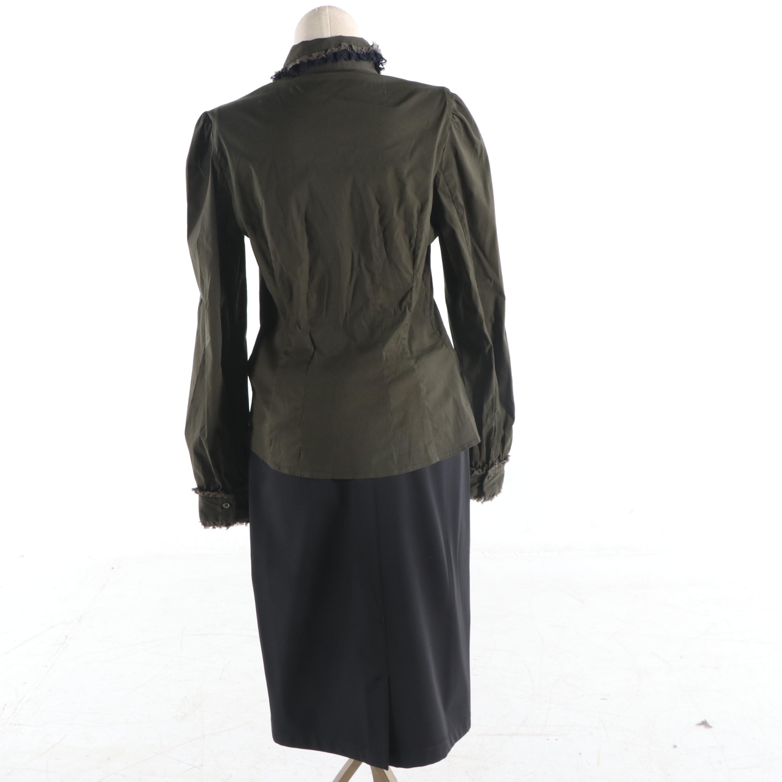 Women's Prada Olive and Black Ruffled Button-Front Blouse and Black Skirt